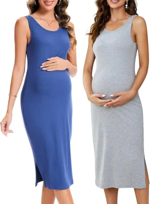 2 Pack Casual Maternity Skirt Summer Pregnancy Dress Sleeveless Side Split Midi for Pregnant Women