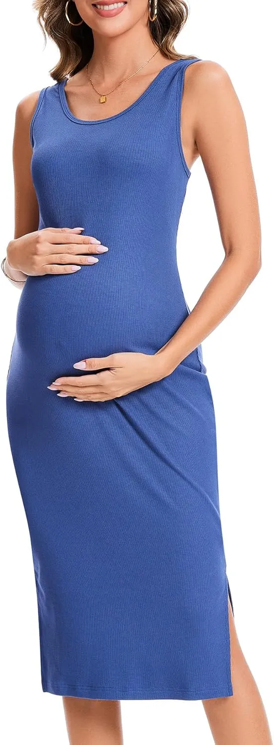 2 Pack Casual Maternity Skirt Summer Pregnancy Dress Sleeveless Side Split Midi for Pregnant Women