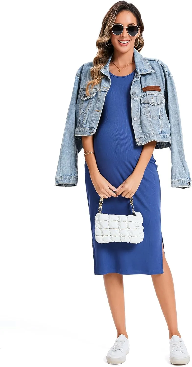 2 Pack Casual Maternity Skirt Summer Pregnancy Dress Sleeveless Side Split Midi for Pregnant Women