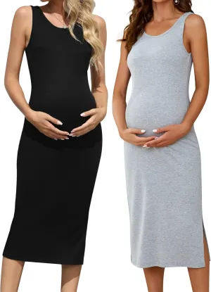2 Pack Casual Maternity Skirt Summer Pregnancy Dress Sleeveless Side Split Midi for Pregnant Women