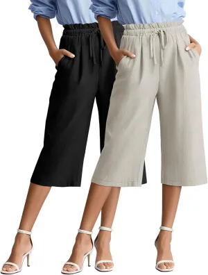 2 Pack Women's Linen Cotton Capri Pants Drawstring High Waisted Loose Wide Leg Casual Summer Trousers with Pockets(Black, Oatmeal,Large)