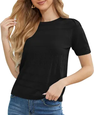 2024 Summer Women's Short Sleeve Kint Top Crew Neck Casual Ribbed Sweater Loose Textured Pullover Sweaters Tops