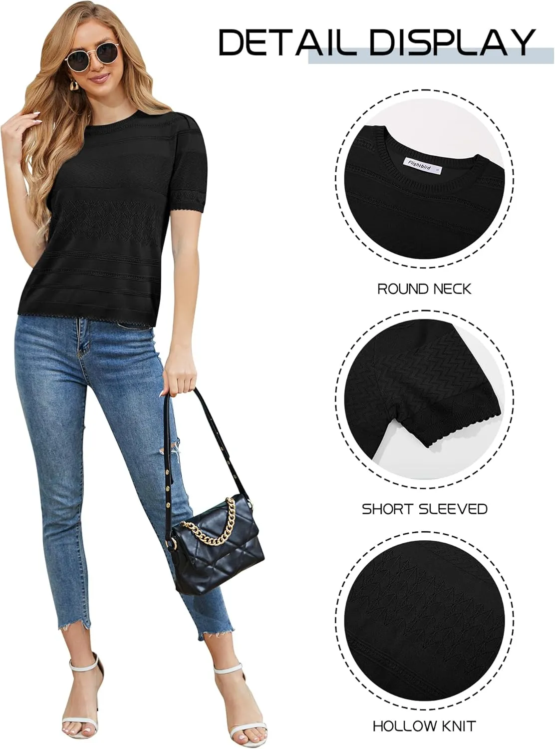 2024 Summer Women's Short Sleeve Kint Top Crew Neck Casual Ribbed Sweater Loose Textured Pullover Sweaters Tops