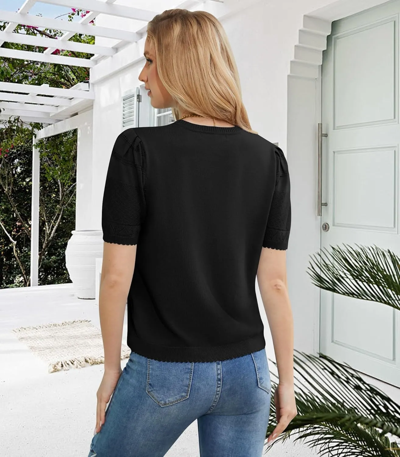 2024 Summer Women's Short Sleeve Kint Top Crew Neck Casual Ribbed Sweater Loose Textured Pullover Sweaters Tops