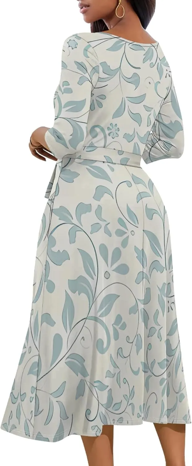 2024 Women's Multicolor Floral Print Fashion Semi Formal Wedding Guest Dress Sexy V-Neck 3/4 Sleeve Midi Flutter Wrap Dresses