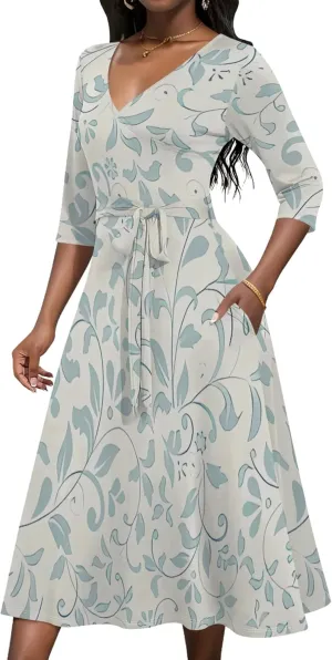2024 Women's Multicolor Floral Print Fashion Semi Formal Wedding Guest Dress Sexy V-Neck 3/4 Sleeve Midi Flutter Wrap Dresses