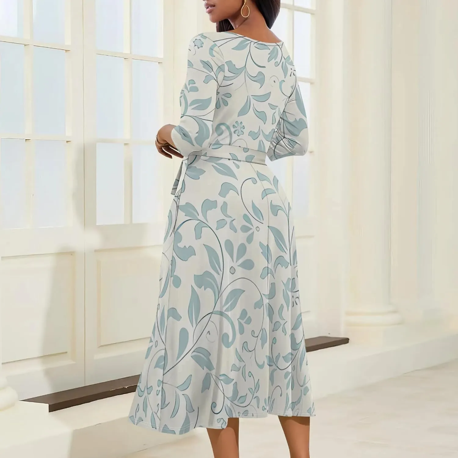 2024 Women's Multicolor Floral Print Fashion Semi Formal Wedding Guest Dress Sexy V-Neck 3/4 Sleeve Midi Flutter Wrap Dresses