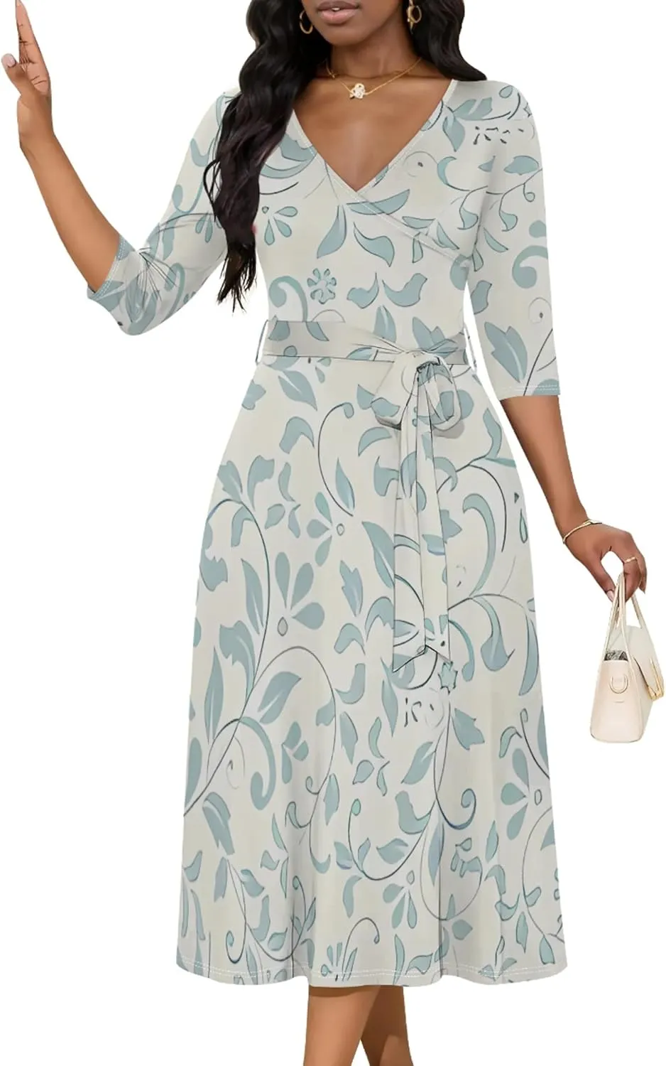 2024 Women's Multicolor Floral Print Fashion Semi Formal Wedding Guest Dress Sexy V-Neck 3/4 Sleeve Midi Flutter Wrap Dresses