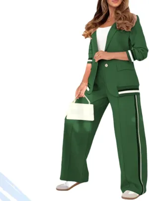 2025 Temperament Solid Color Ribbed Suit Set, Blazer and High Rise Straight Leg Pants Sets, Womens Dressy 2 Piece Pant Suits