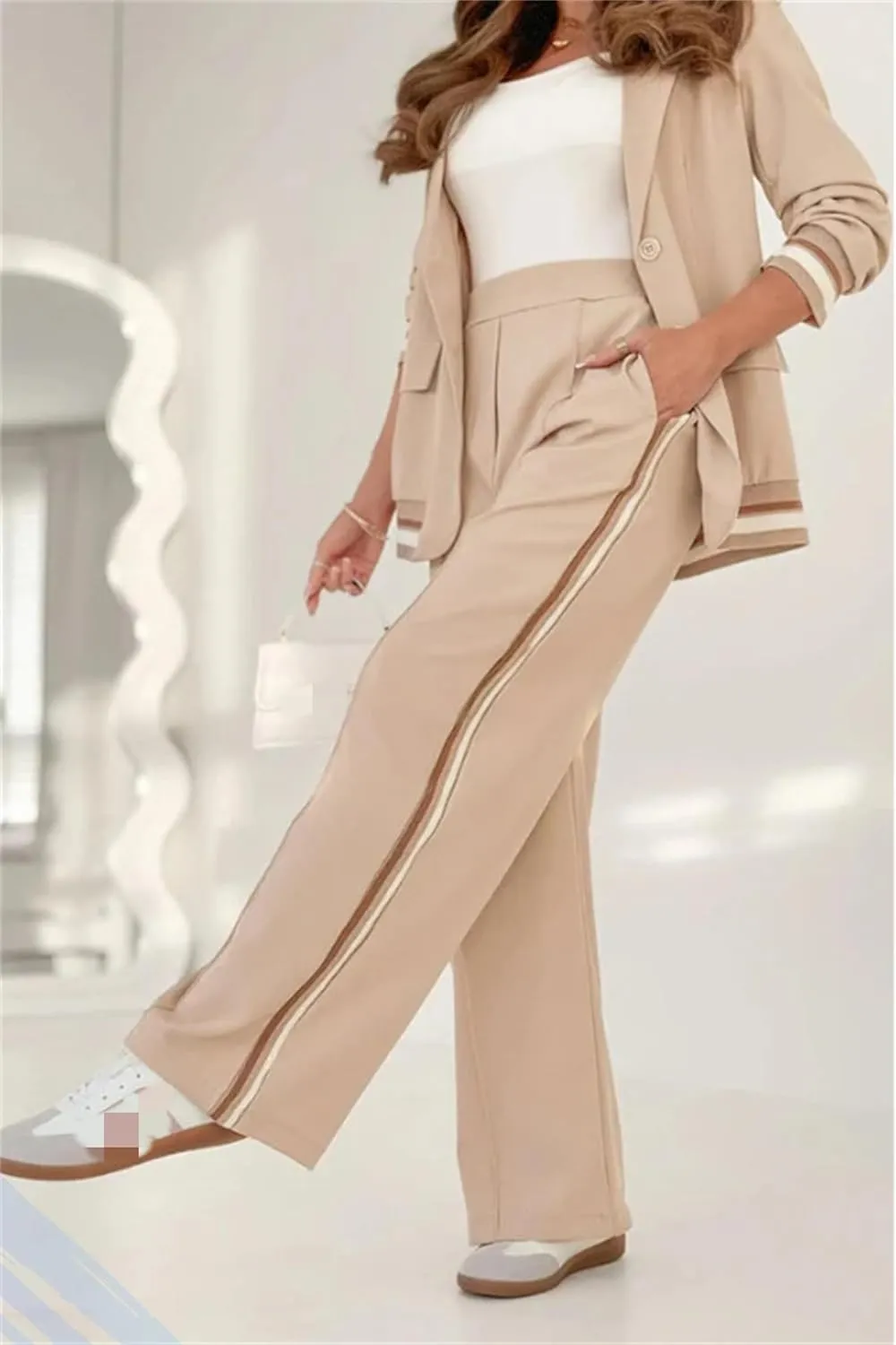 2025 Temperament Solid Color Ribbed Suit Set, Blazer and High Rise Straight Leg Pants Sets, Womens Dressy 2 Piece Pant Suits