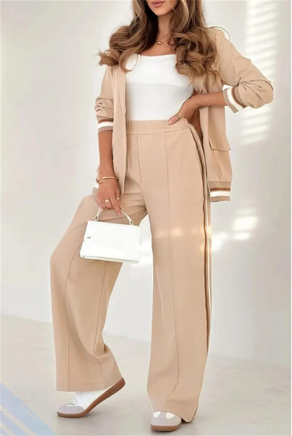 2025 Temperament Solid Color Ribbed Suit Set, Blazer and High Rise Straight Leg Pants Sets, Womens Dressy 2 Piece Pant Suits
