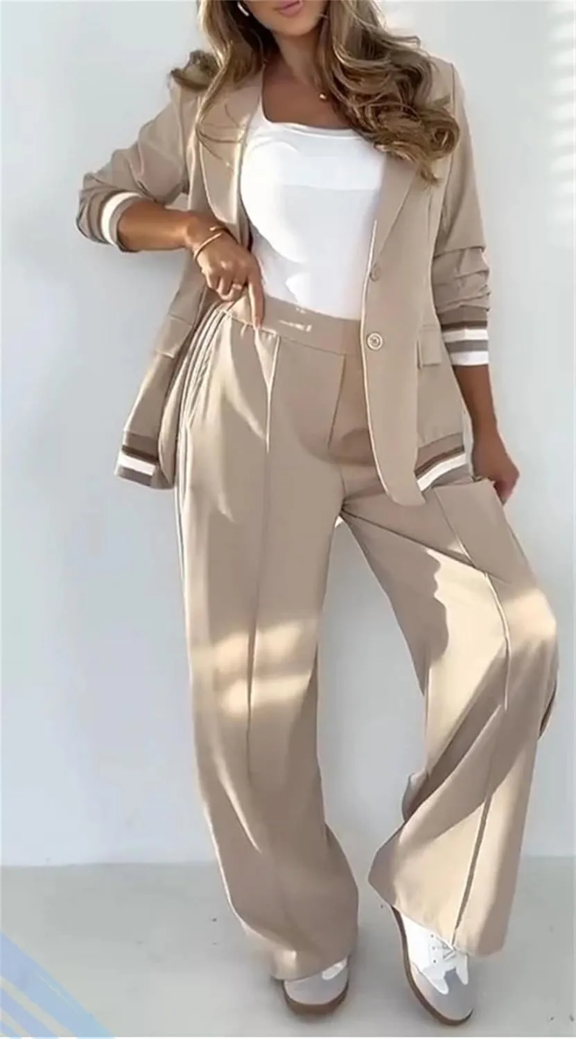 2025 Temperament Solid Color Ribbed Suit Set, Blazer and High Rise Straight Leg Pants Sets, Womens Dressy 2 Piece Pant Suits