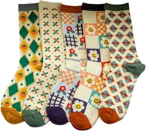 5/10 Pairs Cute Floral Socks, Cottagecore Crew socks, Smiley Face Colorful Socks for Women Girls