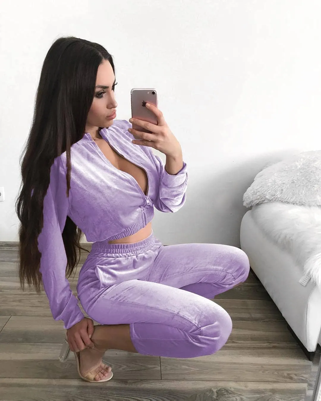 ABOCIW Velour Tracksuit Womens 2 Piece Jogging Outfits Long Sleeve Zipper Crop Top Sweatpant Jogger Sweatsuit Workout Sets