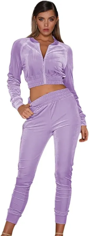 ABOCIW Velour Tracksuit Womens 2 Piece Jogging Outfits Long Sleeve Zipper Crop Top Sweatpant Jogger Sweatsuit Workout Sets