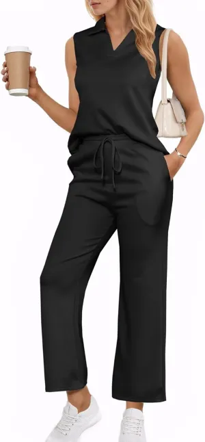 Adogirl 2 Piece Casual Pants Sets for Women Summer Two Piece Outfits Sleeveless Vacation Tank Tops Wide Leg Capri Pants