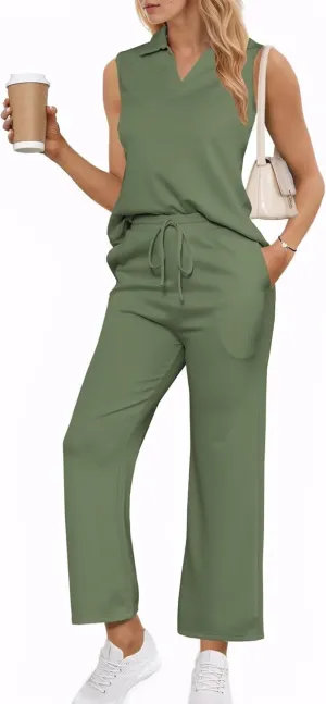 Adogirl 2 Piece Casual Pants Sets for Women Summer Two Piece Outfits Sleeveless Vacation Tank Tops Wide Leg Capri Pants