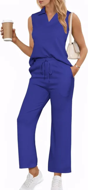 Adogirl 2 Piece Casual Pants Sets for Women Summer Two Piece Outfits Sleeveless Vacation Tank Tops Wide Leg Capri Pants