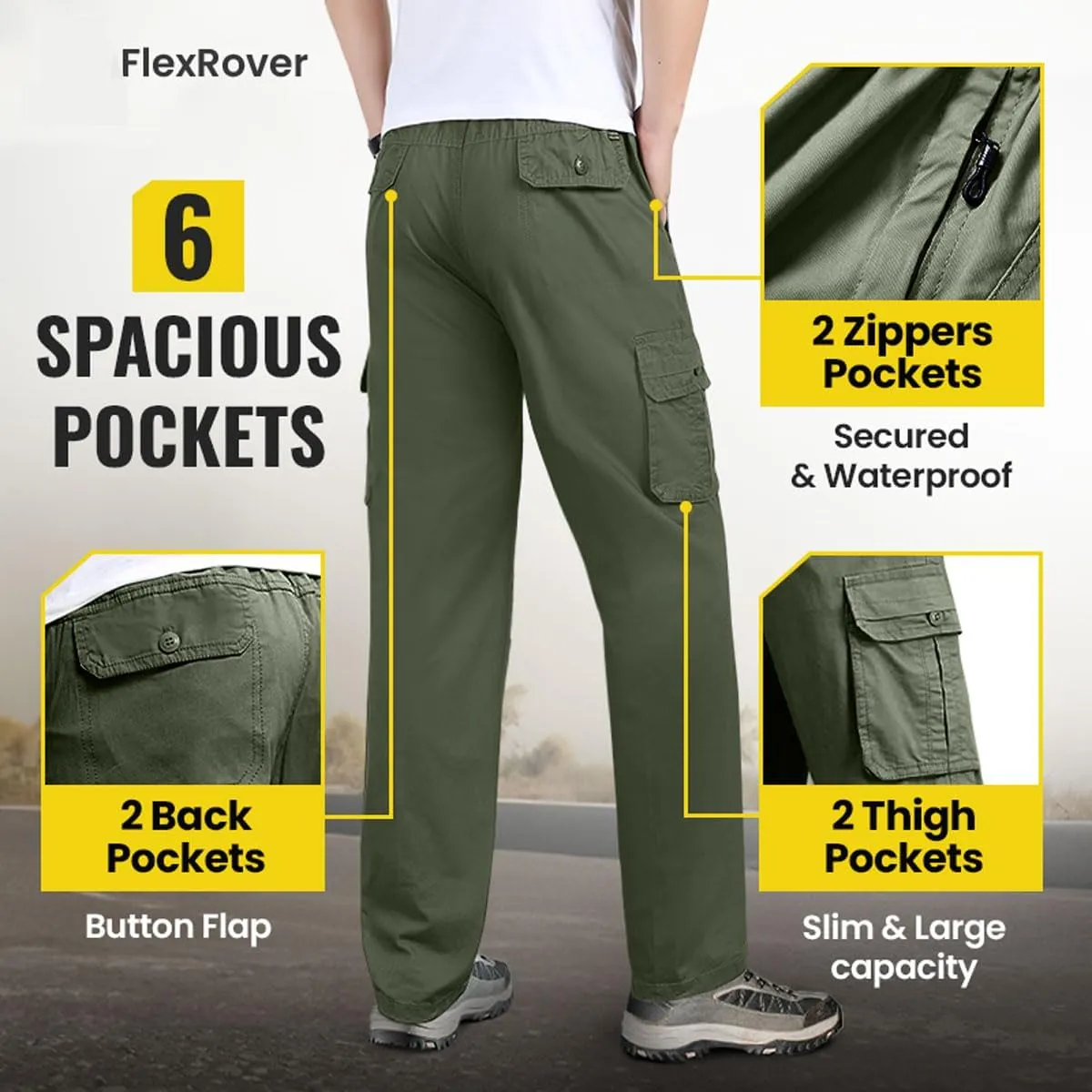 Adorlina Flex Cargo Pants for Mens with 6 Pockets, Flexrover - Ultra Comfort Flex Fit Multi-Pocket Durable Pants