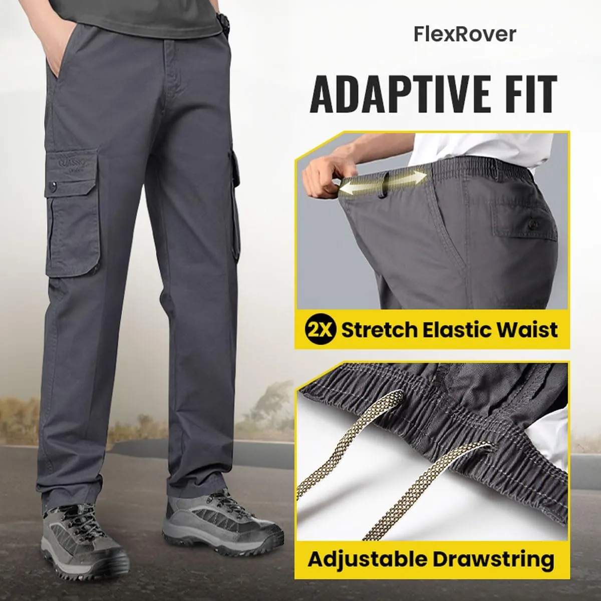 Adorlina Flex Cargo Pants for Mens with 6 Pockets, Flexrover - Ultra Comfort Flex Fit Multi-Pocket Durable Pants