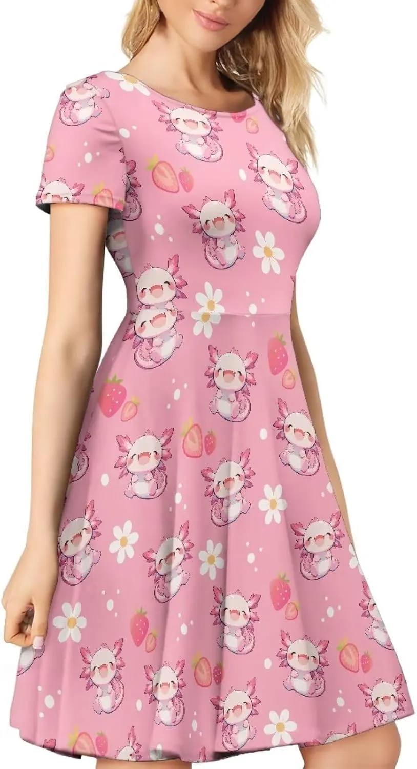 AFPANQZ Womens Casual Summer Lightweight Vintage Dress Short Sleeve Midi Dress Knee-Long Luxury Formal Dress