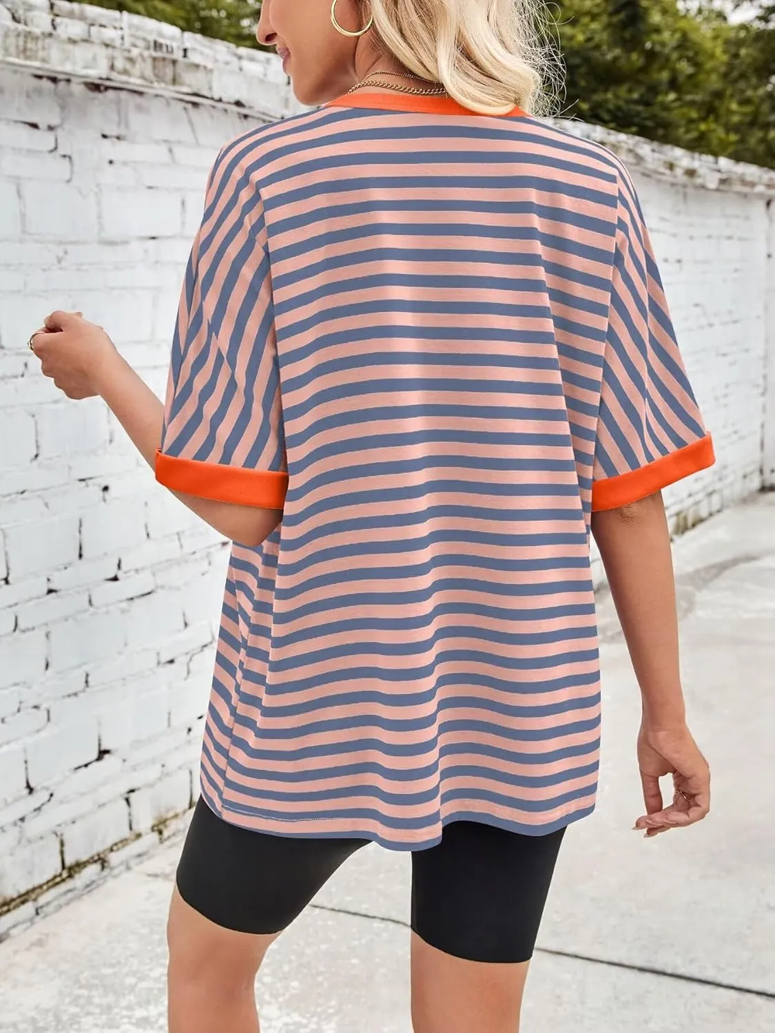 Ahtyeo Women's Oversized T Shirts Striped Loose Fit Short Sleeve Crewneck Summer Tops Casual Basic Tee 2025 Shirts