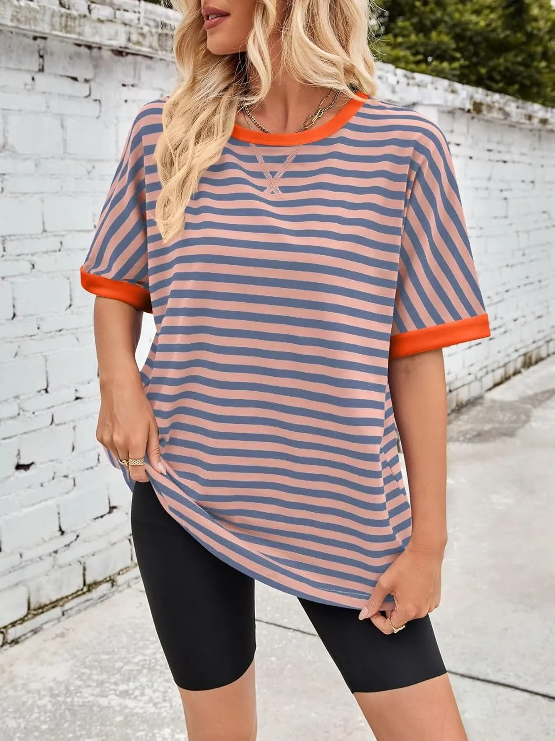 Ahtyeo Women's Oversized T Shirts Striped Loose Fit Short Sleeve Crewneck Summer Tops Casual Basic Tee 2025 Shirts