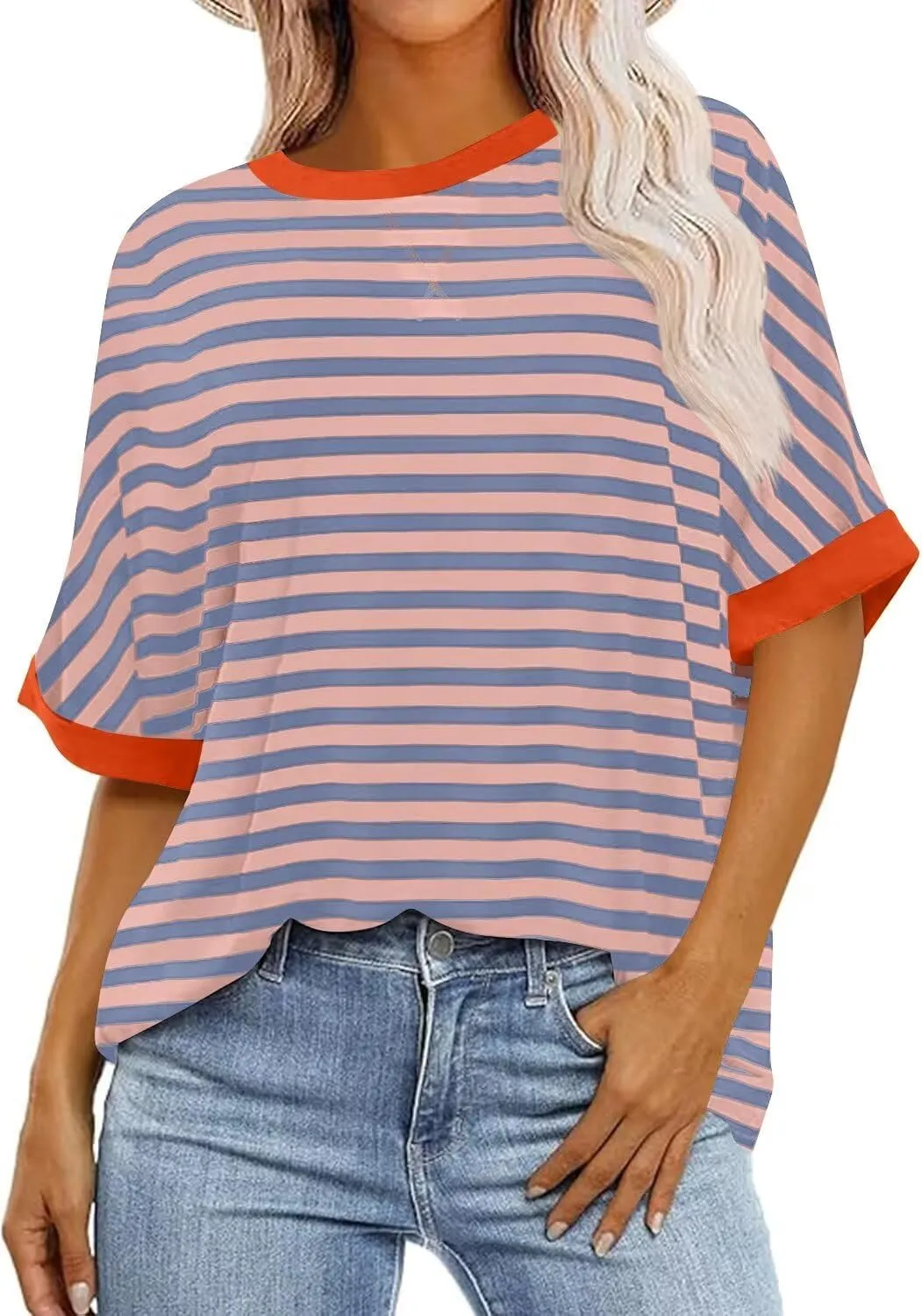 Ahtyeo Women's Oversized T Shirts Striped Loose Fit Short Sleeve Crewneck Summer Tops Casual Basic Tee 2025 Shirts