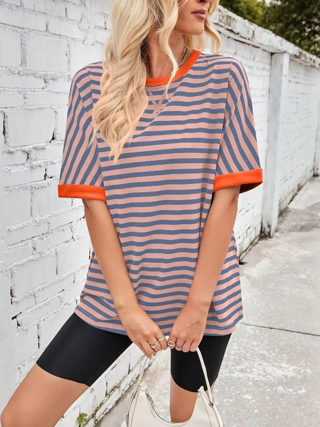 Ahtyeo Women's Oversized T Shirts Striped Loose Fit Short Sleeve Crewneck Summer Tops Casual Basic Tee 2025 Shirts