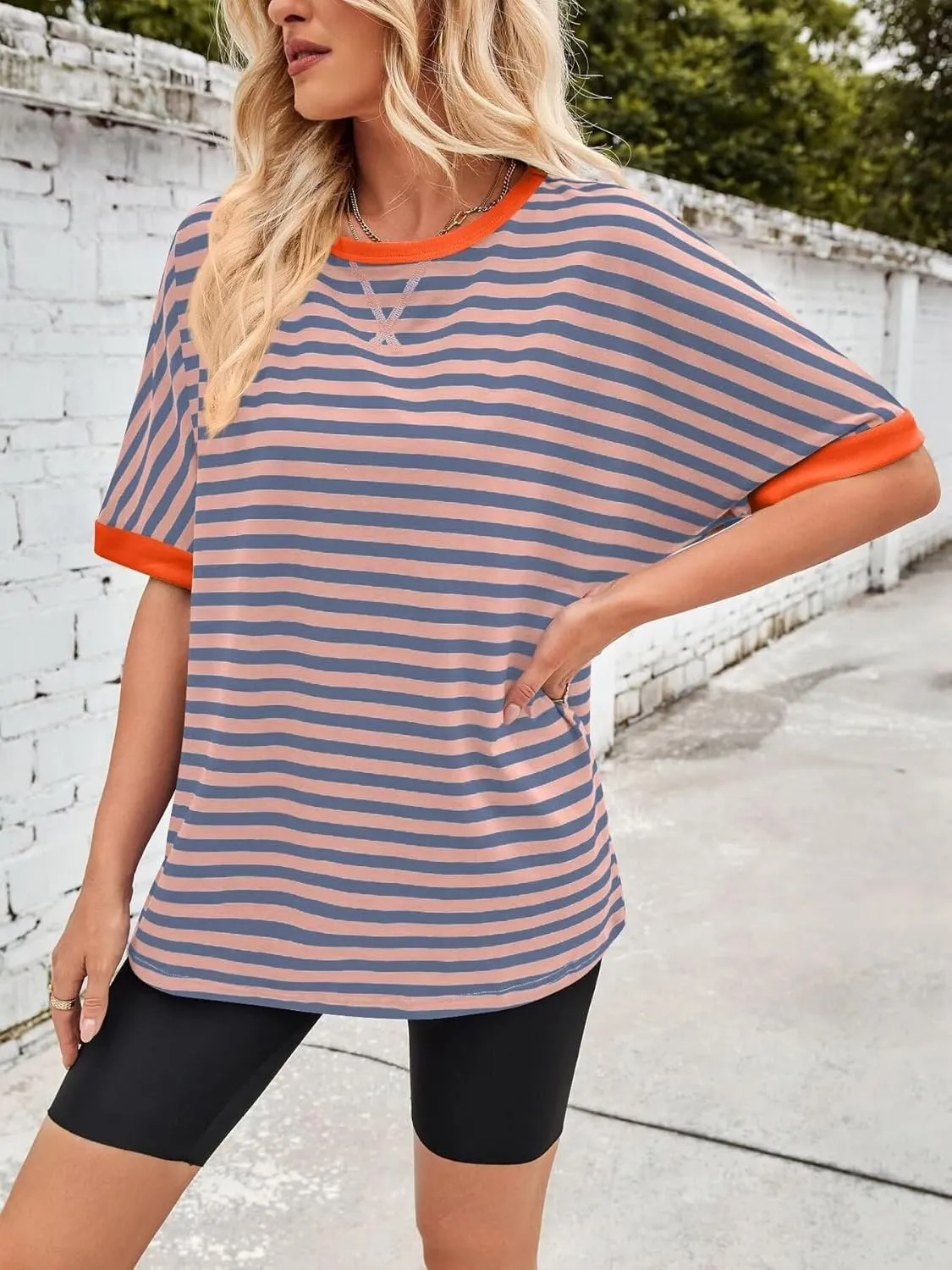Ahtyeo Women's Oversized T Shirts Striped Loose Fit Short Sleeve Crewneck Summer Tops Casual Basic Tee 2025 Shirts