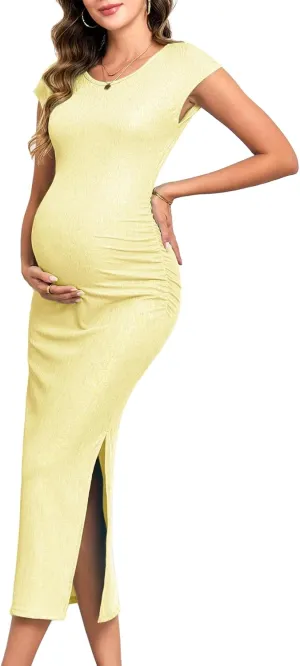 AIWSI Women's Split Maternity Dress Fine Ribbed with Sparkly Gold Foil, Bodycon Ruched Pregnancy Dresses Baby Shower