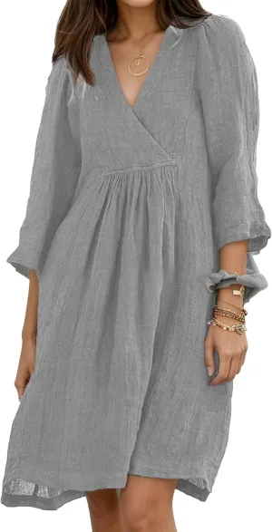 Akivide Womens Summer V Neck Linen Dress Loose Half Sleeve Pleated Solid Linen Dress