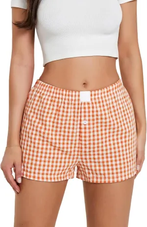 Amiblvowa Women Boxer Shorts Low Waisted PJ Elastic Comfortable Y2k Pajamas Plaid Striped Gingham Lounge Home Clothing