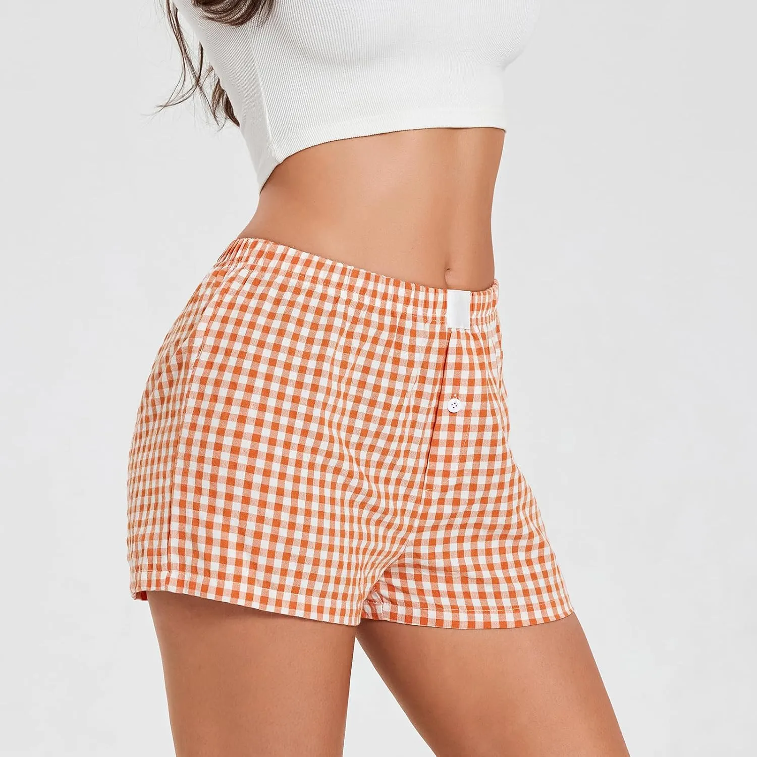 Amiblvowa Women Boxer Shorts Low Waisted PJ Elastic Comfortable Y2k Pajamas Plaid Striped Gingham Lounge Home Clothing
