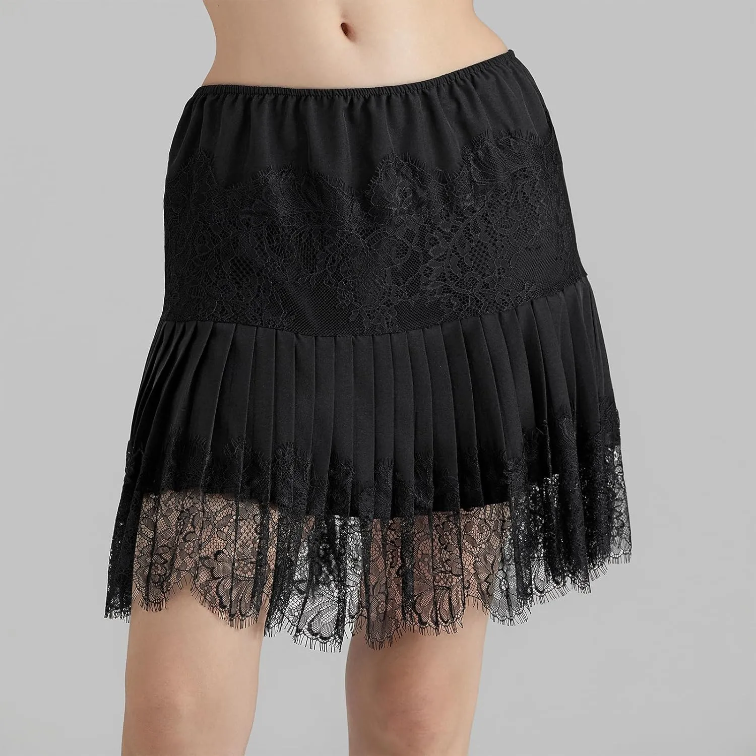 Aonoapll Women Pleated Lace Mini Skirt Y2k Ruffle Layered Short Skirt Fairy Lace Patchwork Flowy Half Slip Underskirt