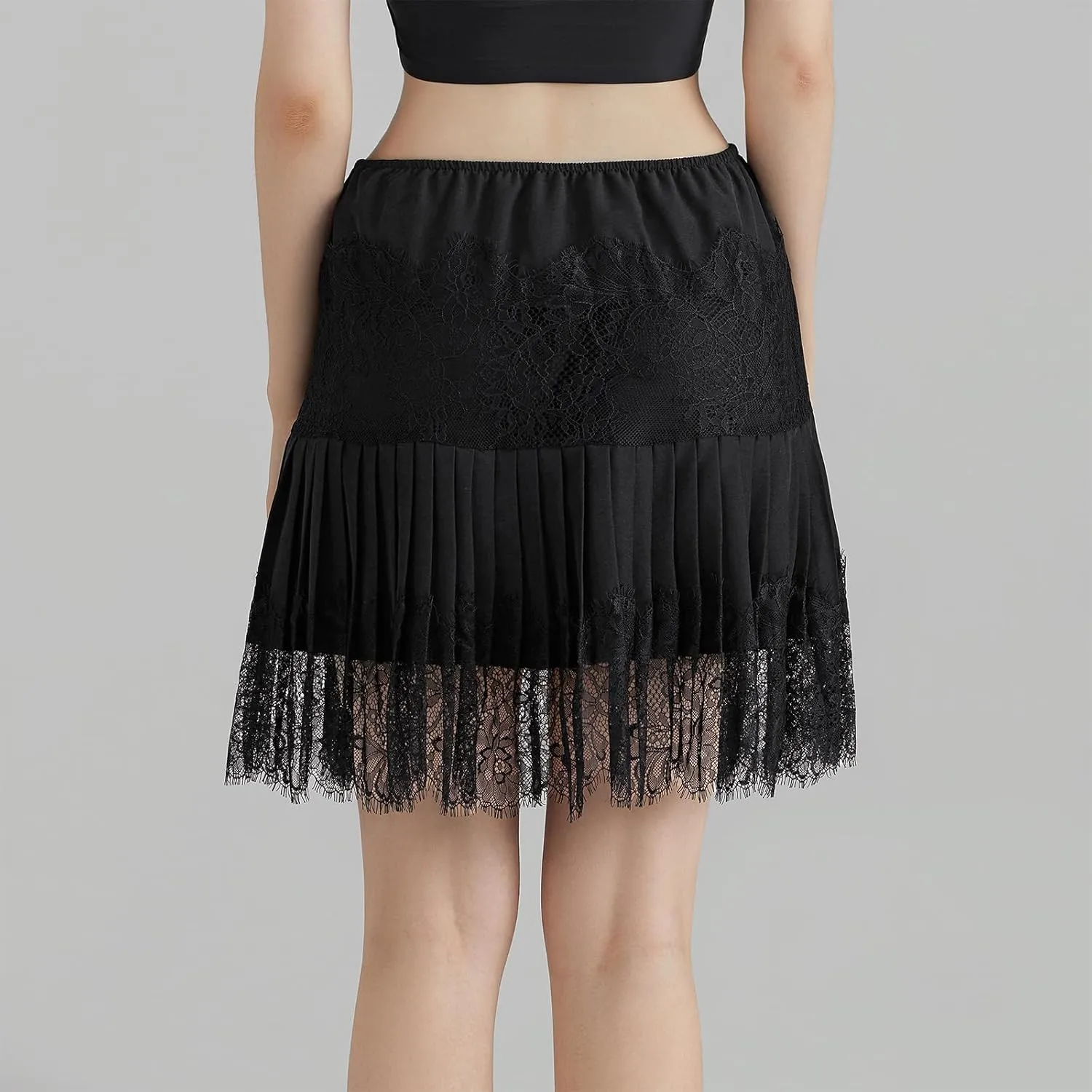 Aonoapll Women Pleated Lace Mini Skirt Y2k Ruffle Layered Short Skirt Fairy Lace Patchwork Flowy Half Slip Underskirt