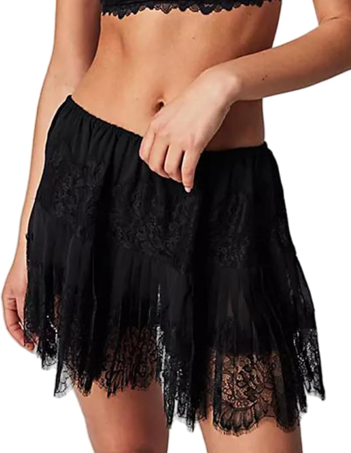 Aonoapll Women Pleated Lace Mini Skirt Y2k Ruffle Layered Short Skirt Fairy Lace Patchwork Flowy Half Slip Underskirt