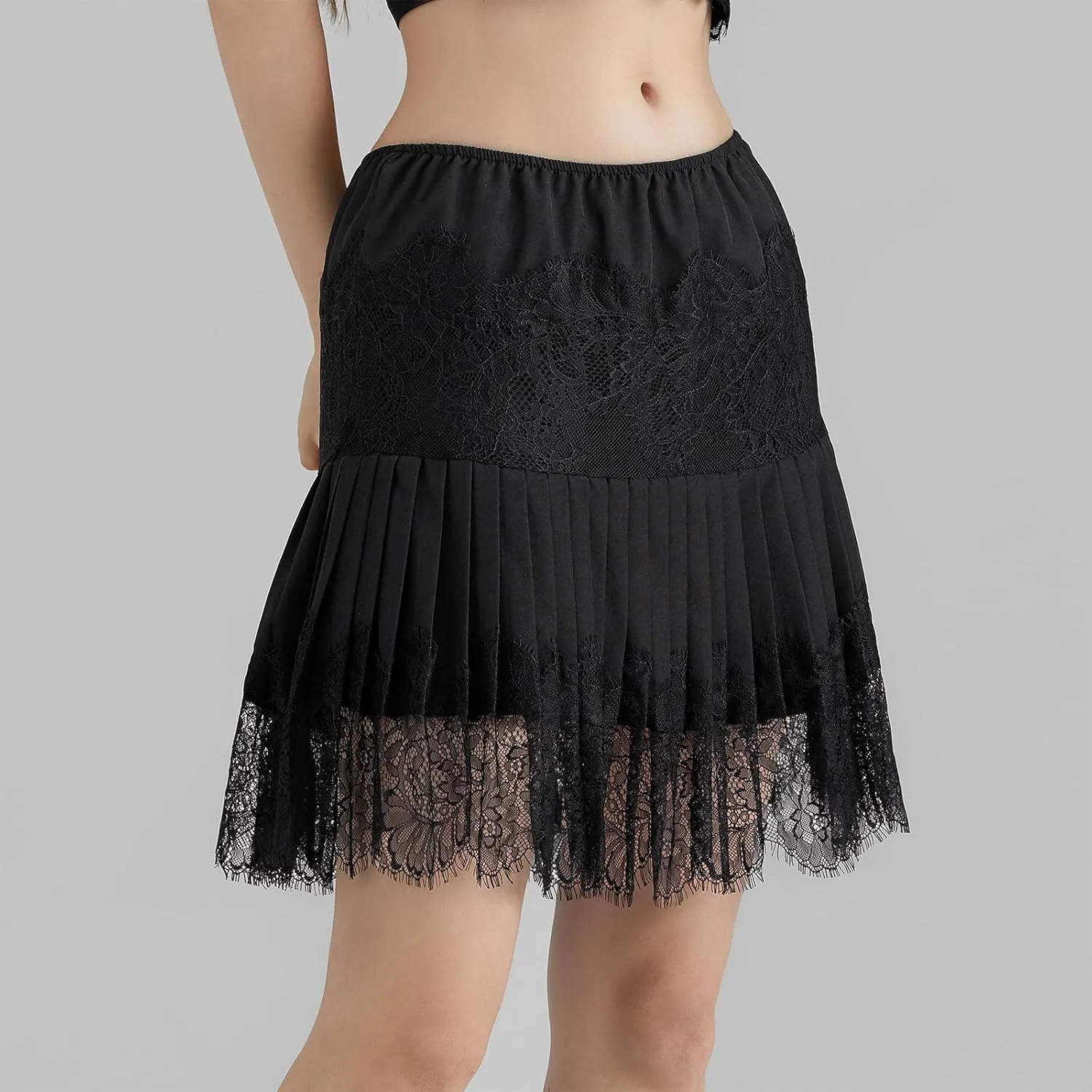 Aonoapll Women Pleated Lace Mini Skirt Y2k Ruffle Layered Short Skirt Fairy Lace Patchwork Flowy Half Slip Underskirt