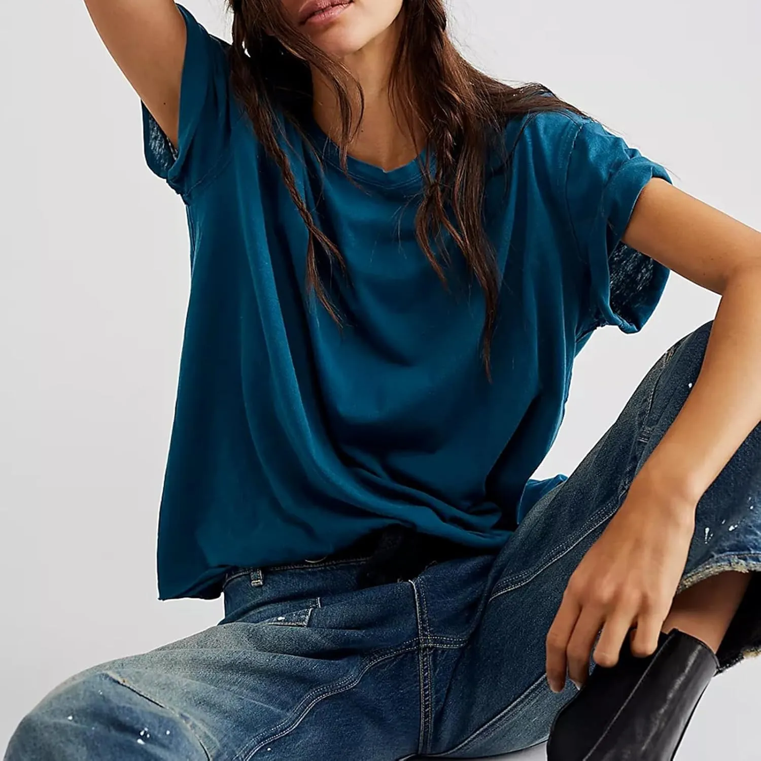 Aonoapll Women Y2k Basic Oversized T Shirts Casual Loose Fit Crewneck Short Sleeve Tops Summer Going Out Solid Tees