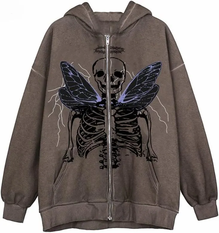 Argeousgor Women Skeleton Hoodie Zip Up Gothic Oversized Long Sleeve Sweatshirt Skull Punk Jacket Streetwear