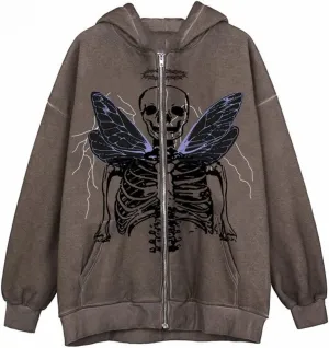 Argeousgor Women Skeleton Hoodie Zip Up Gothic Oversized Long Sleeve Sweatshirt Skull Punk Jacket Streetwear
