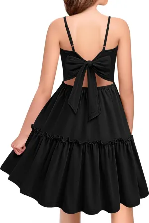 Arshiner Girls Tie Back Dress Spaghetti Strap Ruffle Hem Casual Summer Beach Sundress with Pockets