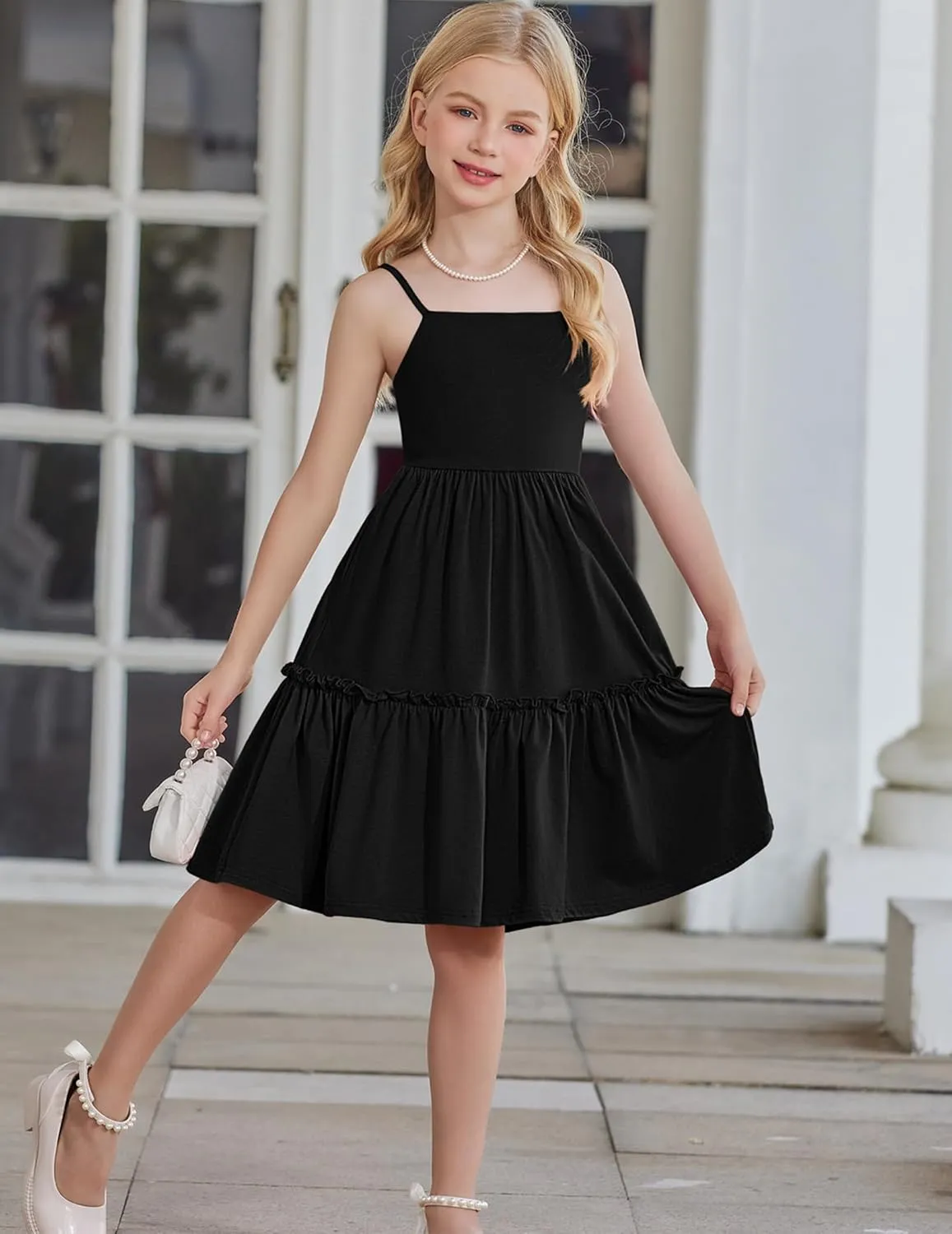Arshiner Girls Tie Back Dress Spaghetti Strap Ruffle Hem Casual Summer Beach Sundress with Pockets