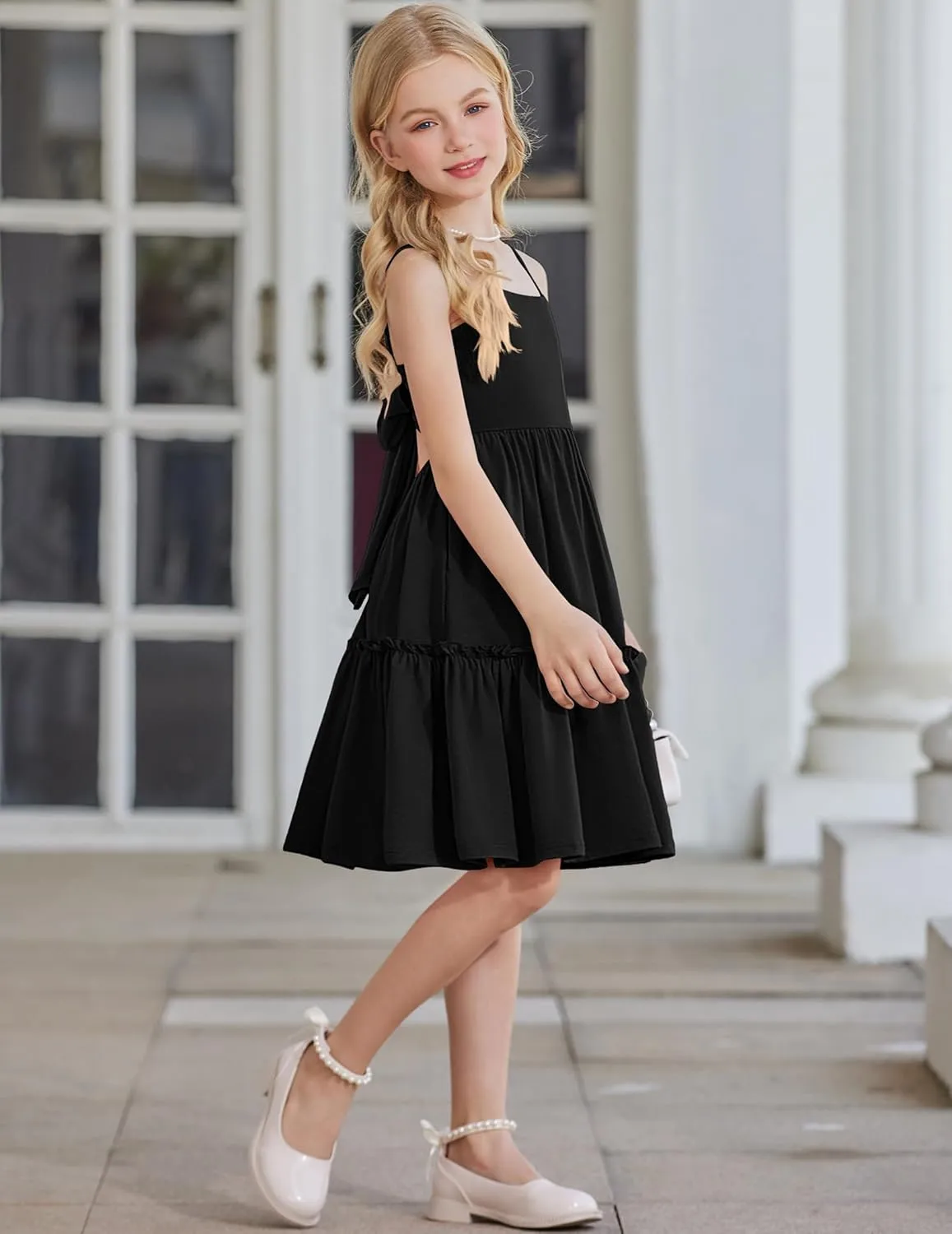 Arshiner Girls Tie Back Dress Spaghetti Strap Ruffle Hem Casual Summer Beach Sundress with Pockets