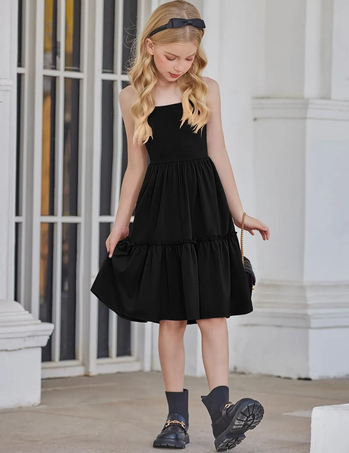 Arshiner Girls Tie Back Dress Spaghetti Strap Ruffle Hem Casual Summer Beach Sundress with Pockets