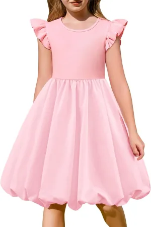 Arshiner Tween Girls Summer Bubble Dress Ruffle Sleeve Casual Party Midi Dresses