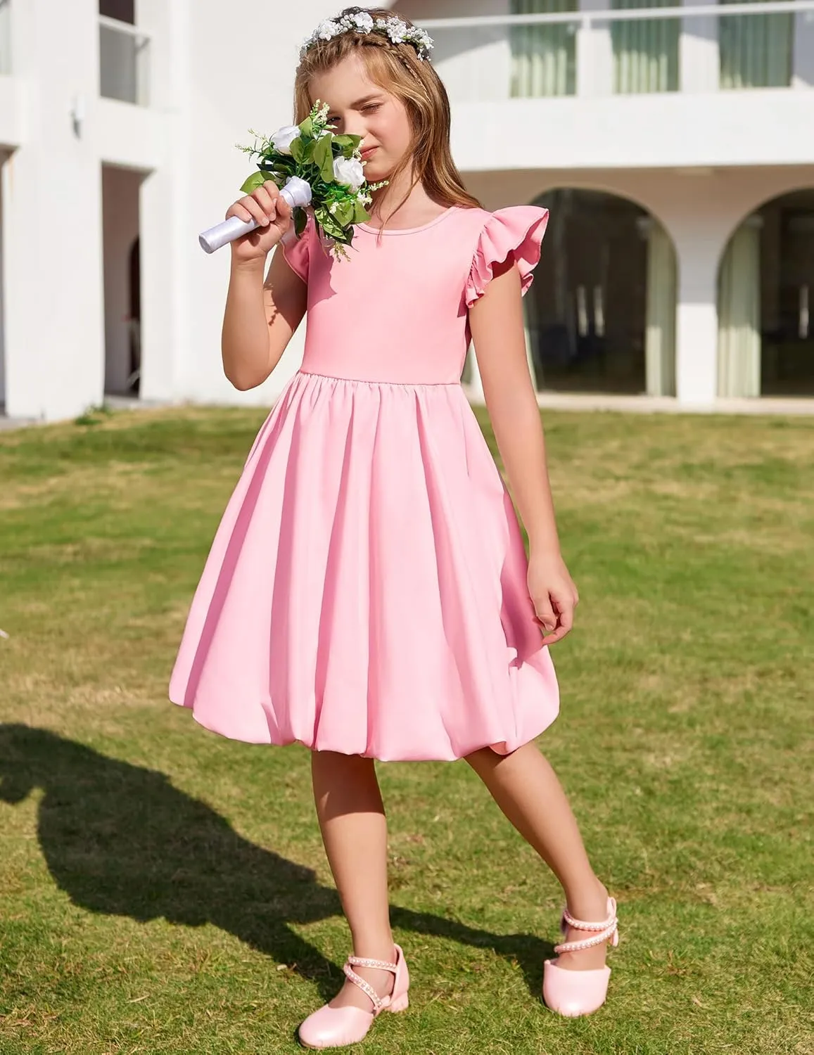 Arshiner Tween Girls Summer Bubble Dress Ruffle Sleeve Casual Party Midi Dresses