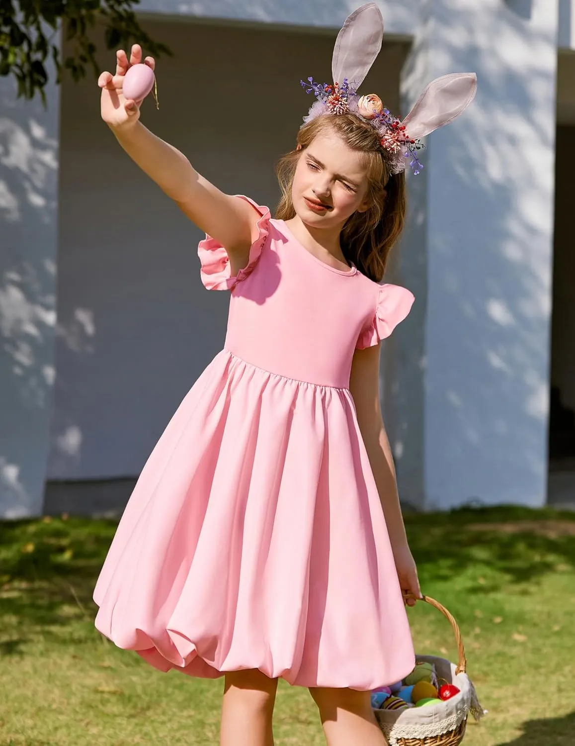 Arshiner Tween Girls Summer Bubble Dress Ruffle Sleeve Casual Party Midi Dresses