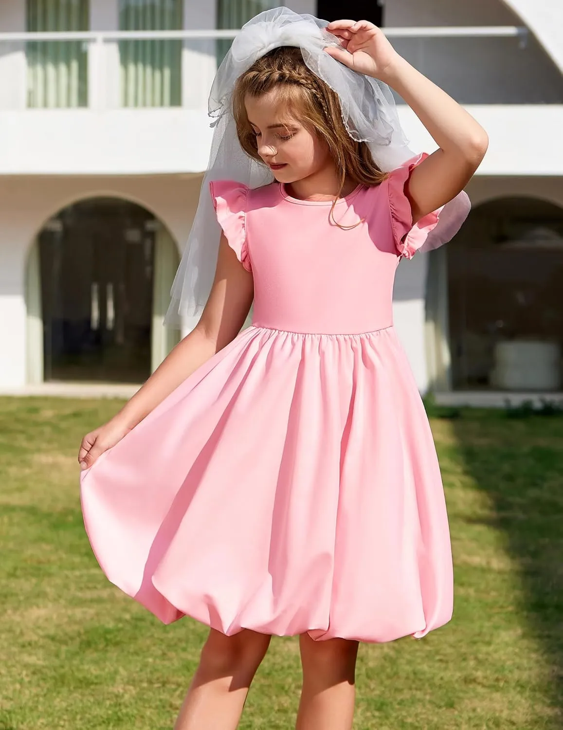 Arshiner Tween Girls Summer Bubble Dress Ruffle Sleeve Casual Party Midi Dresses