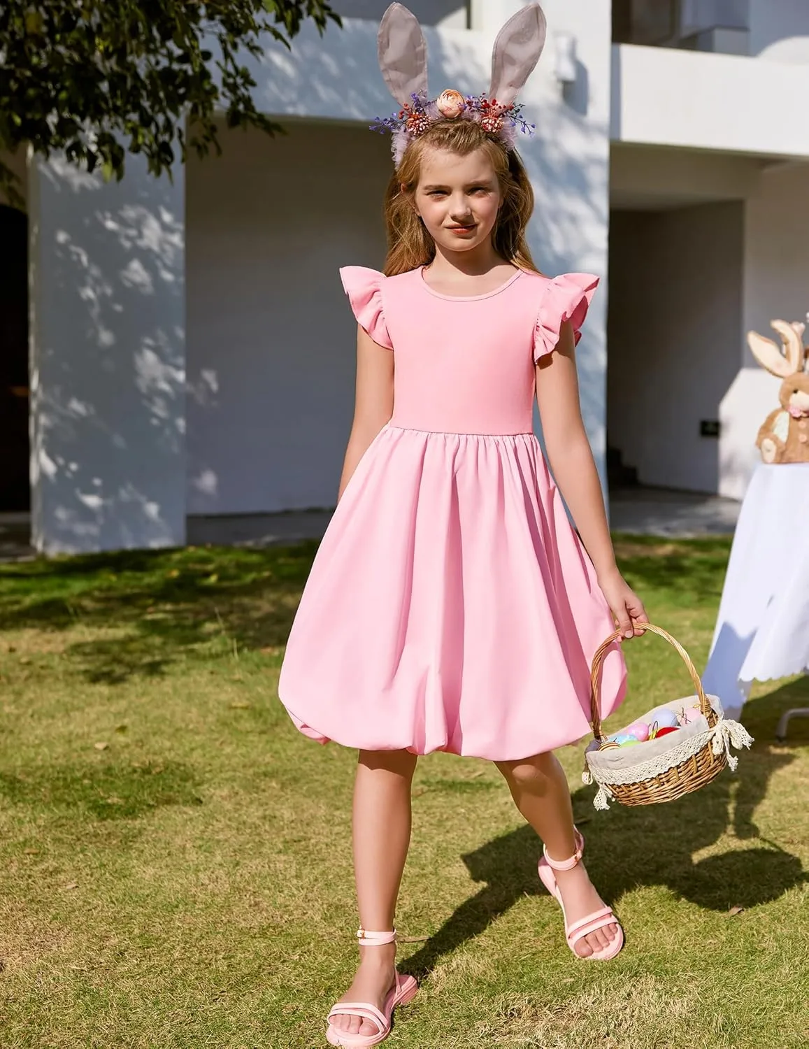 Arshiner Tween Girls Summer Bubble Dress Ruffle Sleeve Casual Party Midi Dresses